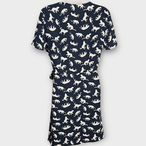 J CREW Navy Cheetah Leopard Cat Animal Novelty Print Wrap Dress Size 8 - Picture 5 of 8